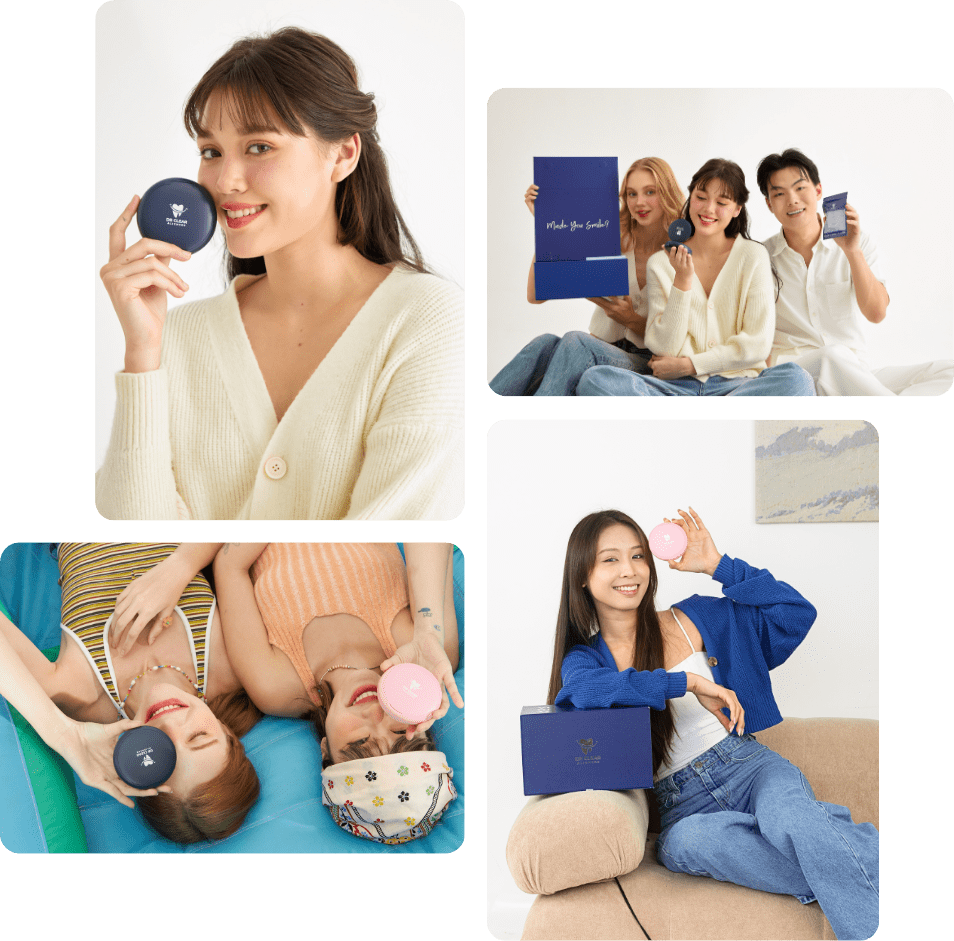 Collage of happy young adults holding Dr Clear Aligners kits and cases in pink and navy blue, smiling and posing in a bright studio setting